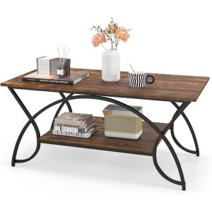 Giantex 2-Tier Rectangular Coffee Table, Faux Marble Table with Open Storage Shelf, Black Finished Metal Frame, Modern Center Table for Living Room, Reception Room (White+Black)(Coffee)