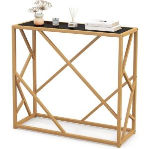 Giantex 31.5″ Gold Entryway Console Table – Narrow Sofa Side Table w/Metal Frame & Tempered Glass Top, Modern Foyer Table w/Foot Pads, Home Long Display Table for Living Room, Hallway, Entry Table