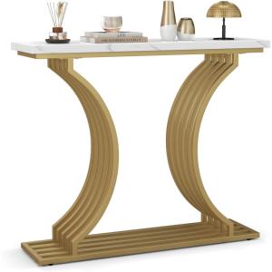 Giantex 39″ Entryway Console Table, Gold Narrow Console Table w/White Faux Marble Tabletop, Long Sofa Table with Geometric Metal Legs, Modern Entry Table for Living Room, Entrance, Foyer