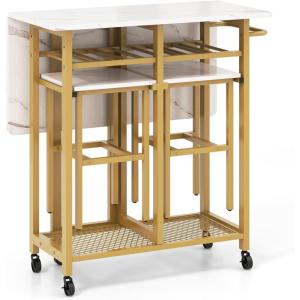 Giantex 3-Piece Foldable Dining Table Set, Extendable Dining Table & 2 Stools Set w/ 6-Bottle Wine Rack, Shelves & Side Pushing Handle, Space-Saving Dining Room Kitchen Table Set for Small Space