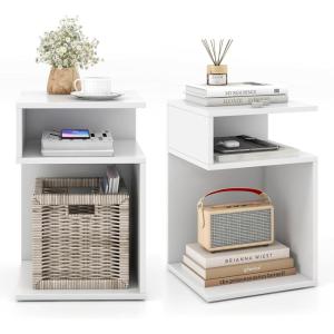 Giantex 3-Tier Side Table, S-Shaped End Table with 2 Open Storage Compartments, Wood Narrow Bedside Table, Modern Nightstand for Bedroom, Living Room, Small Spaces, Easy Assembly, White(2)