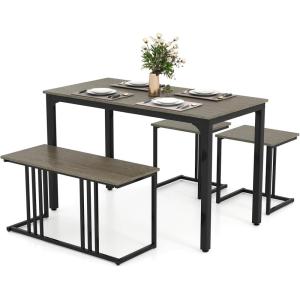 Giantex 4-Piece Dining Table Set for 4, Modern Kitchen Table and Chairs, Nesting Furniture Set with Bench & 2 Stools, Space-Saving Desk Set, Dinette Set for Small Place, Dining Room Restaurant (Brown)(Grey)