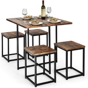 Giantex 5 Piece Dining Table Set, Dining Set for 4 with Square Stools, Small Kitchen Table Set with Metal Frame, Compact Design for Small Space, Home Kitchen Bar Pub Apartment(Walnut & Black)