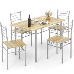 Giantex 5 Piece Dining Table Set, Kitchen Dining Set with Tempered Glass Table Top and 4 Chairs, Dinette Set for 4 for Breakfast Nook Dining Room Kitchen (Transparent)(Natural)