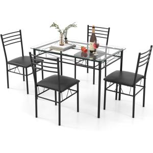 Giantex 5 Piece Dining Table Set, Kitchen Dining Set with Tempered Glass Table Top and 4 Chairs, Dinette Set for 4 for Breakfast Nook Dining Room Kitchen (Transparent)(Black)