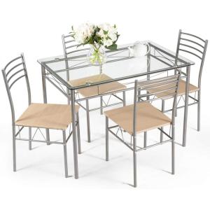 Giantex 5 Piece Dining Table Set, Kitchen Dining Set with Tempered Glass Table Top and 4 Chairs, Dinette Set for 4 for Breakfast Nook Dining Room Kitchen (Transparent)(Transparent)