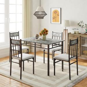 Giantex 5 Pieces Dining Table Set, Modern Rectangular Dining Table & Upholstered Chair Set w/Marble Tabletop, Kitchen Dining Room Furniture Set for 4, Space-Saving Dinette Set for Breakfast Nook, Grey