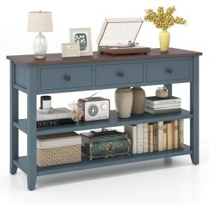 Giantex 50″ Farmhouse Entryway Table, Narrow Console Table w/ 3 Storage Drawers & 2 Open Shelves, Wooden Behind Couch Side Long Sofa Table for Living Room, Hallway, Entrance, Blue & Espresso