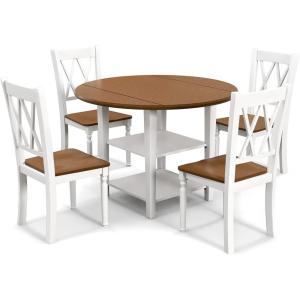 Giantex 5-Piece Dining Set for 4, Drop-Leaf Round Kitchen Table & 4 Chairs w/Solid Wood Supporting Legs, Farmhouse Dinner Table Set for Small Space, Breakfast Nook, Dining Room, Kitchen (Brown+White)