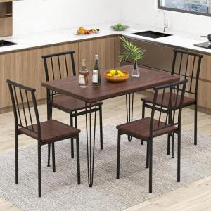 Giantex 5-Piece Dining Table Set, Mid-Century Kitchen Table Set for 4, Wooden Table & 4 Chairs with Metal Frame, Space-Saving Dinette Set for Small Place, Kitchen, Dining Room (Cherry Brown)