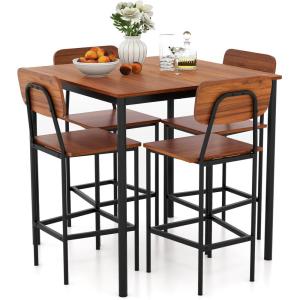 Giantex 5-Piece Dining Table Set W/Counter Height Table & 4 Bar Stools, Industrial Kitchen Dining Table Set W/Footrest & Backrest, Space-Saving Dinette Set for Pub, Dining Room, Restaurant (Teak)(Walnut)