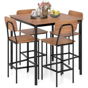 Giantex 5-Piece Dining Table Set W/Counter Height Table & 4 Bar Stools, Industrial Kitchen Dining Table Set W/Footrest & Backrest, Space-Saving Dinette Set for Pub, Dining Room, Restaurant (Teak)(Teak)