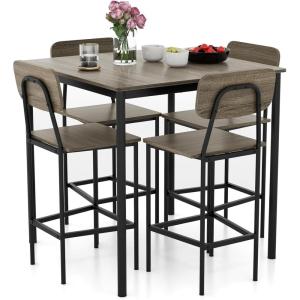 Giantex 5-Piece Dining Table Set W/Counter Height Table & 4 Bar Stools, Industrial Kitchen Dining Table Set W/Footrest & Backrest, Space-Saving Dinette Set for Pub, Dining Room, Restaurant (Teak)(Black Oak)