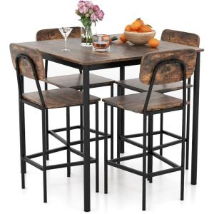 Giantex 5-Piece Dining Table Set W/Counter Height Table & 4 Bar Stools, Industrial Kitchen Dining Table Set W/Footrest & Backrest, Space-Saving Dinette Set for Pub, Dining Room, Restaurant (Teak)(Mix Brown)