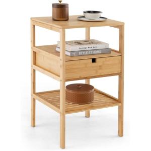 Giantex Bamboo Nightstands Set of 2, Wood Side Tables with Drawer and 2 Storage Shelves, Multifunctional Bedside Tables for Small Spaces, MCM Boho Style End Tables for Bedroom Office, Natural(Set of 1)