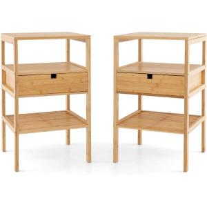 Giantex Bamboo Nightstands Set of 2, Wood Side Tables with Drawer and 2 Storage Shelves, Multifunctional Bedside Tables for Small Spaces, MCM Boho Style End Tables for Bedroom Office, Natural(Set of 2)