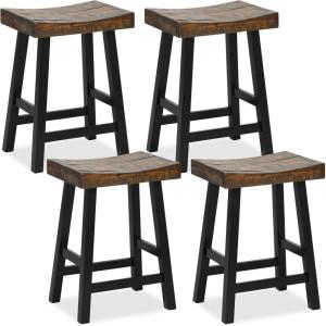Giantex Bar Stools Set of 2, 24″ Counter Height Saddle Stools, Bar Dining Chairs with Rubber Wood Frame & Footrest, Backless Barstools for Kitchen Island, Dining Room, Pub, Rustic Brown(2)