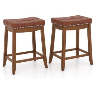 Giantex Bar Stools Set of 2, 25″ Counter Height Bar Stools w/Saddle Seat, Footrest, Rivet, Button Tufted, Rubber Wood Frame, Upholstered PU Leather Backless Barstools for Kitchen, Dining Room, Pub(1)