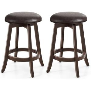 Giantex Bar Stools Set of 2, 29″ Bar Height Bar Stools w/ 360° Swivel Round Seat & Footrest, Rubber Wood Frame, Upholstered PU Leather Backless Barstools for Kitchen, Dining Room, Pub, Brown(1)