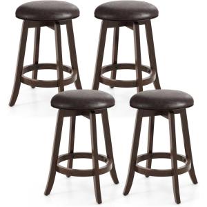 Giantex Bar Stools Set of 2, 29″ Bar Height Bar Stools w/ 360° Swivel Round Seat & Footrest, Rubber Wood Frame, Upholstered PU Leather Backless Barstools for Kitchen, Dining Room, Pub, Brown(2)
