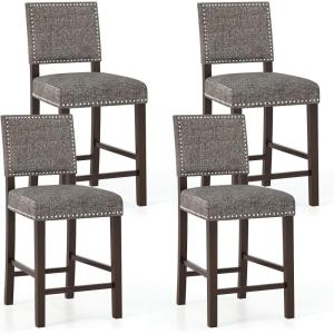 Giantex Bar Stools Set of 4, 26″ Counter Height Stools w/Solid Rubber Wood Legs & Footrest, Modern Linen Fabric Bar Dining Chairs, Rivet Upholstered Barstools for Kitchen Island, Dining Room, Grey