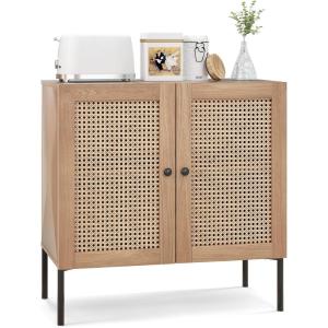 Giantex Buffet Cabinet Set of 2, Wood Sideboard Storage Cabinet with Rattan Door, 3-Position Adjustable Shelf, Freestanding Coffee Bar Accent Cabinet, Kitchen Cupboard Organizer for Living Room(Oak)