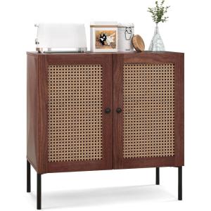 Giantex Buffet Cabinet Set of 2, Wood Sideboard Storage Cabinet with Rattan Door, 3-Position Adjustable Shelf, Freestanding Coffee Bar Accent Cabinet, Kitchen Cupboard Organizer for Living Room(Walnut)
