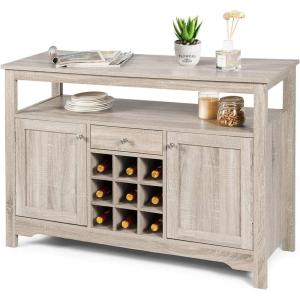 Giantex Buffet Server Sideboard, Console Wood Dining Table, Cupboard Table with 2 Cabinets, 1 Drawer and 9 Wine Cabinets, Storage Organizer Kitchen and Dining Room (Gray)(Grey)