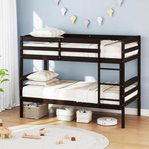 Giantex Bunk Bed Twin Over Twin, Solid Wood Detachable Bed Frame with High Guardrails & Integrated Ladder, Wooden Slatted Bunk Bed for Kids & Teens, No Box Spring Needed, White(Espresso)