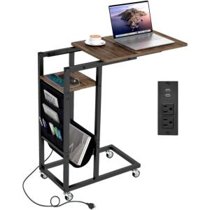 Giantex C Shaped End Table with Charging Station, 27’’H Slide Under Couch Side Table w/Wheels, Outlets & USB Ports, Storage Bag, Small Laptop Sofa TV Tray C Table for Living Room, Rustic Brown(1)