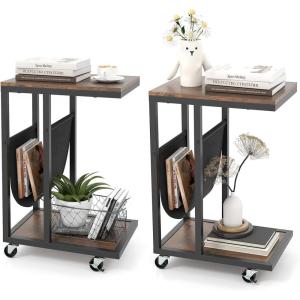 Giantex C Shaped End Table with Rolling Wheels, Sofa Side Table with Magazine Storage Holder & Metal Frame, Mobile TV Tray Table for Small Space Living Room, 16″ L x 11″ W x 23″ H, Rustic Brown(2)