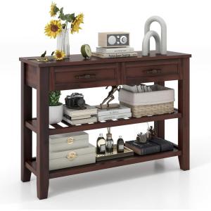 Giantex Console Table with 2 Drawers, 3-Tier Narrow Entryway Table with Storage, 2 Open Shelves & Solid Wood Legs, Wooden Long Sofa Side Table, Rectangular Entry Table for Home Living Room Hallway