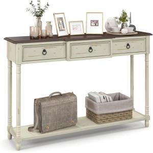 Giantex Console Table with 3 Storage Drawers – Entry Table, Rustic Farmhouse Entryway Table with Open Storage Shelf, Solid Wood Legs, Long Sofa Table for Living Room, Hallway, Narrow Console Table