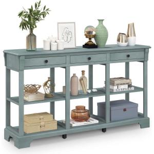 Giantex Console Table with Storage, 58” Long Sofa Table with 3 Drawers & Open Shelves, Solid Wood Legs, Narrow Entryway Table, Vintage Behind Couch Table for Living Room Hallway, Entry Table (Blue)(Blue)