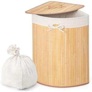 Giantex Corner Laundry Hamper with Lid, 58 L Bamboo Laundry Basket with Removable Liner & Handle, Triangle Clothes Hamper for Small Spaces, Bedroom, Bathroom, Laundry & Living Room (Black)(Natural)