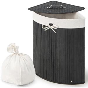 Giantex Corner Laundry Hamper with Lid, 58 L Bamboo Laundry Basket with Removable Liner & Handle, Triangle Clothes Hamper for Small Spaces, Bedroom, Bathroom, Laundry & Living Room (Black)(Black)
