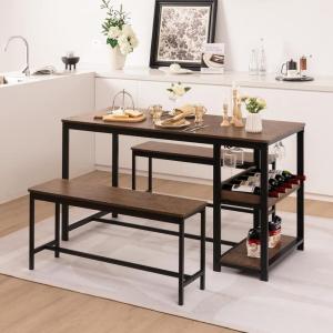 Giantex Dining Table Set for 4, 3-Piece 55″ L Kitchen Table Set w/ 2 Benches, Breakfast Table w/ 5-Bottle Wine Rack & Glass Holder, Space-Saving Dinette Set for Dining Room, Kitchen, Apartment
