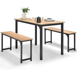 Giantex Dining Table Set for 4, Industrial Kitchen Table Set w/ 2 Benches, Space-Saving Dinette Set for Breakfast Nook, Dining Room, Kitchen, Easy Assembly (Natural)(Natural)