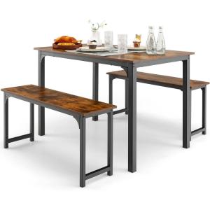 Giantex Dining Table Set for 4, Industrial Kitchen Table Set w/ 2 Benches, Space-Saving Dinette Set for Breakfast Nook, Dining Room, Kitchen, Easy Assembly (Natural)(Mix Brown)