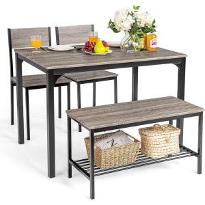 Giantex Dining Table Set for 4, Kitchen Table with Bench and Chairs, Industrial Gathering Bench Dining Set W/Metal Frame & Storage Rack, Dinette Set, Modern Functional Desk Set (Black Oak)(Black Oak)