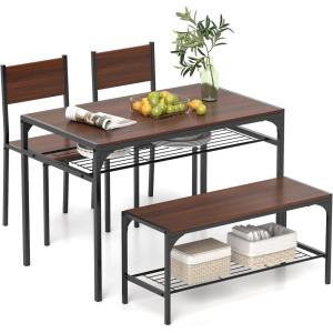 Giantex Dining Table Set for 4, Kitchen Table with Bench and Chairs, Industrial Gathering Bench Dining Set W/Metal Frame & Storage Rack, Dinette Set, Modern Functional Desk Set (Black Oak)(Walnut)