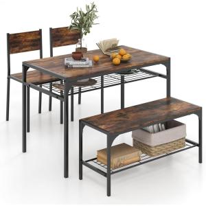 Giantex Dining Table Set for 4, Kitchen Table with Bench and Chairs, Industrial Gathering Bench Dining Set W/Metal Frame & Storage Rack, Dinette Set, Modern Functional Desk Set (Black Oak)(Rustic Brown)