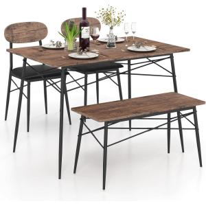 Giantex Dining Table Set for 4, Mid-Century Kitchen Furniture Set w/Kitchen Table, Bench & 2 Upholstered PVC Leather Chairs, 4-Piece Space-Saving Dinette Set for Small Place, Breakfast Nook