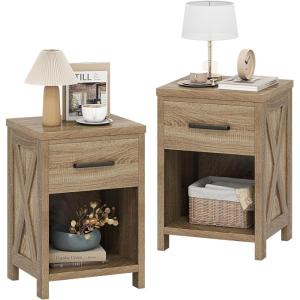 Giantex Farmhouse Nightstand, Wooden Bedside Table with Storage Drawer & Open Shelf, End Side Table, Rustic Night Stand for Small Space Bedroom & Home Office, Natural(2)