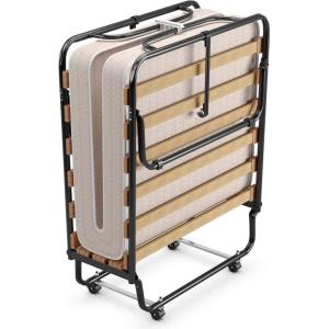 Giantex Folding Bed with Mattress, Rollaway Guest Bed w/ 4 Inch Memory Foam Mattress, Sturdy Metal Frame, Portable Bed Cot Size Easy to Store, Foldable Beds for Adults, Made in Italy(Beige)