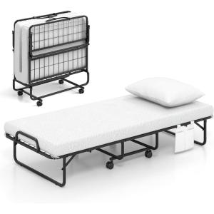 Giantex Folding Bed with Mattress and Top Pillow, Twin Size Portable Guest Beds w/Metal Frame, Storage Pocket, Space-Saving Rollaway Foldable Bed with Memory Foam Mattress for Adults, 75″ x 39″(Small Single)