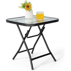 Giantex Folding Side Table, Round Small Patio Table, Tempered Glass Tabletop, Steel Frame, Weather-Resistant Outdoor Indoor Use for Bistro Porch Garden Balcony (Classic Round, 18″x18″x18.5″)(Farmhouse Square)