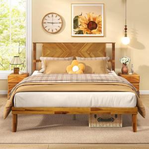 Giantex Full Size Bed Frame – Acacia Wood Platform Bed Frame with Headboard, 12 Strong Slats Support, Under-Bed Space, No Box Spring Needed, Rustic Golden Brown(Queen)