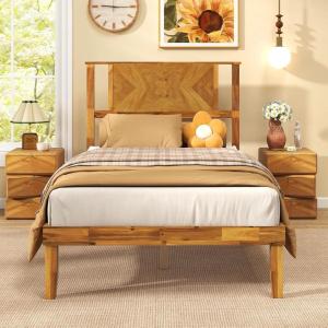 Giantex Full Size Bed Frame – Acacia Wood Platform Bed Frame with Headboard, 12 Strong Slats Support, Under-Bed Space, No Box Spring Needed, Rustic Golden Brown(Twin)