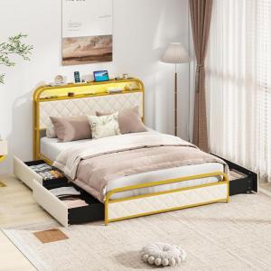 Giantex Full Size Bed Frame with 4 Storage Drawers and Charging Station, Metal Full Platform Bed w/LED Lights & Linen Upholstered Headboard, No Box Spring Needed, Full Storage Bed, Gold & Beige(Gold & Beige)